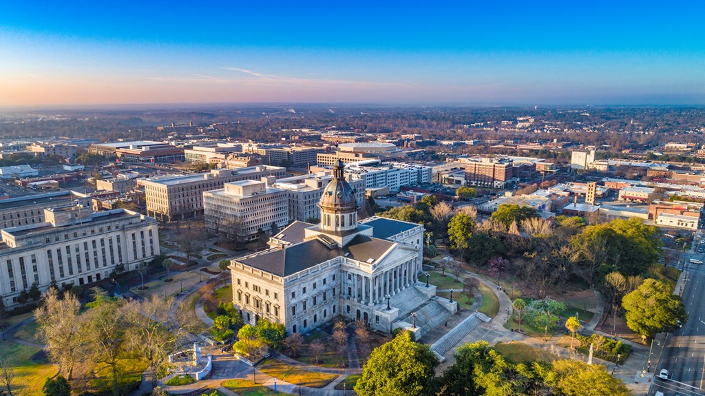 Drone Aerial View of Downtown Columbia, South Carolina, USA