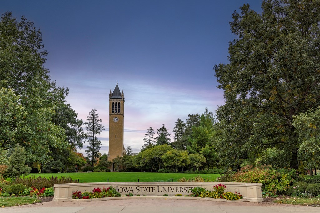 Evening view of Iowa State University's main mall at dusk.