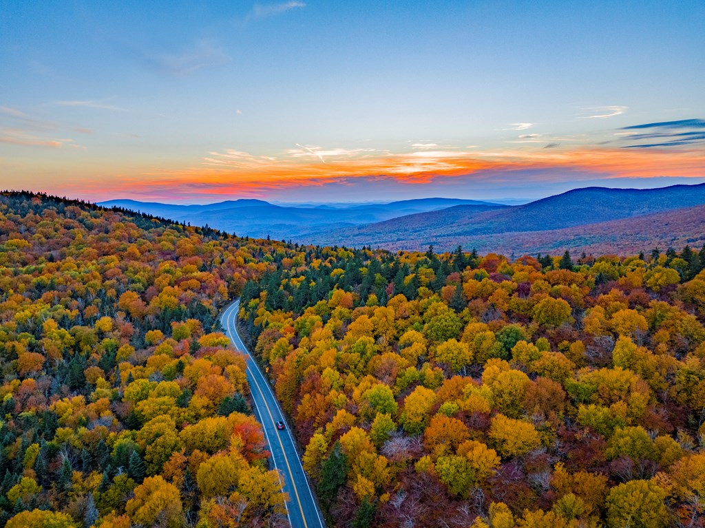 Aerial view of road in colorful autumn mountain forest during sunset.